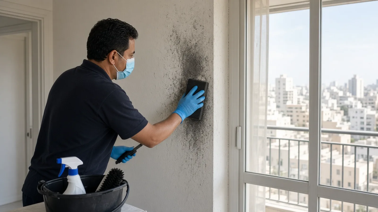 מנקה מקצועי עם כפפות ומסכה מנקה שאריות פיח מקיר בדירה ישראלית מוארת, עם ספוג ייעודי ואור יום מהמרפסת.