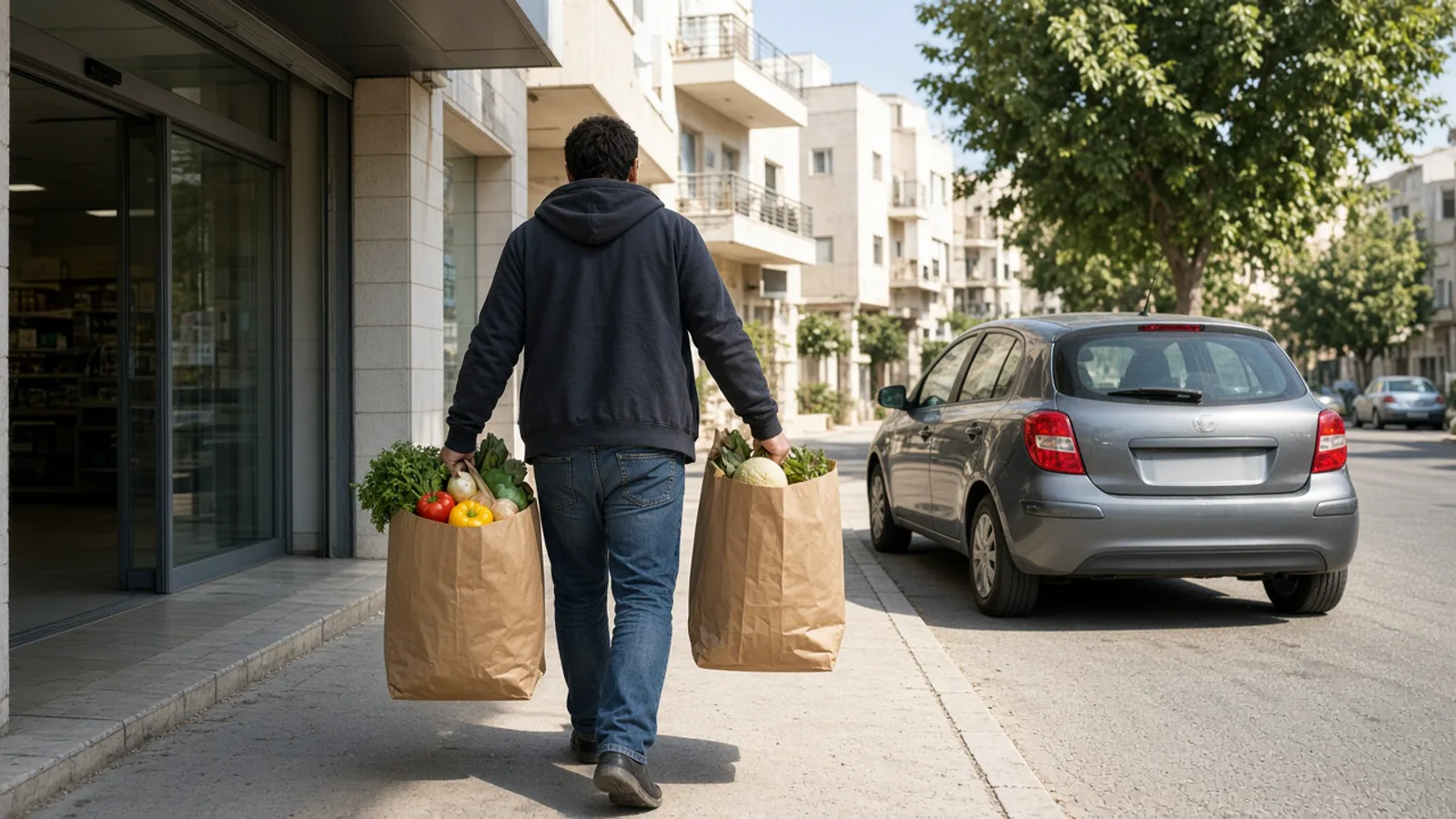 שליח יוצא מסופרמרקט ישראלי עם שקיות קניות מלאות לעבר רכב חונה, הבאת מצרכים לפי רשימה עד הדלת באור יום.