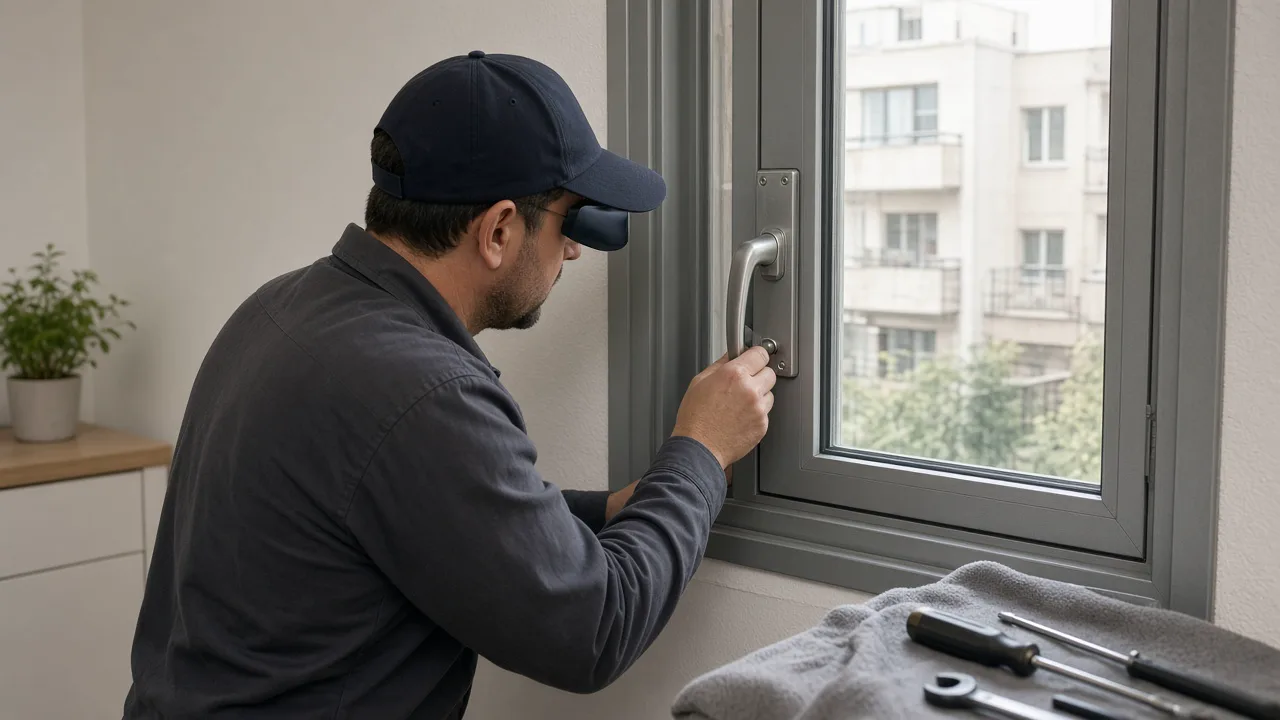הנדימן מחליף ידית ומנעול בחלון ממ"ד בדירה ישראלית מוארת, מבט מהצד, כלים מסודרים ליד המסגרת.