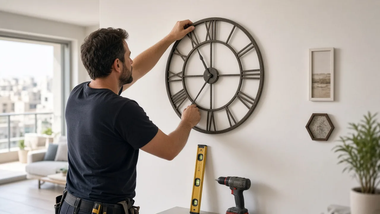 הנדימן תולה שעון קיר דקורטיבי על קיר בהיר בדירה מודרנית בישראל, עם פלס ומקדחה, אור טבעי חזק.