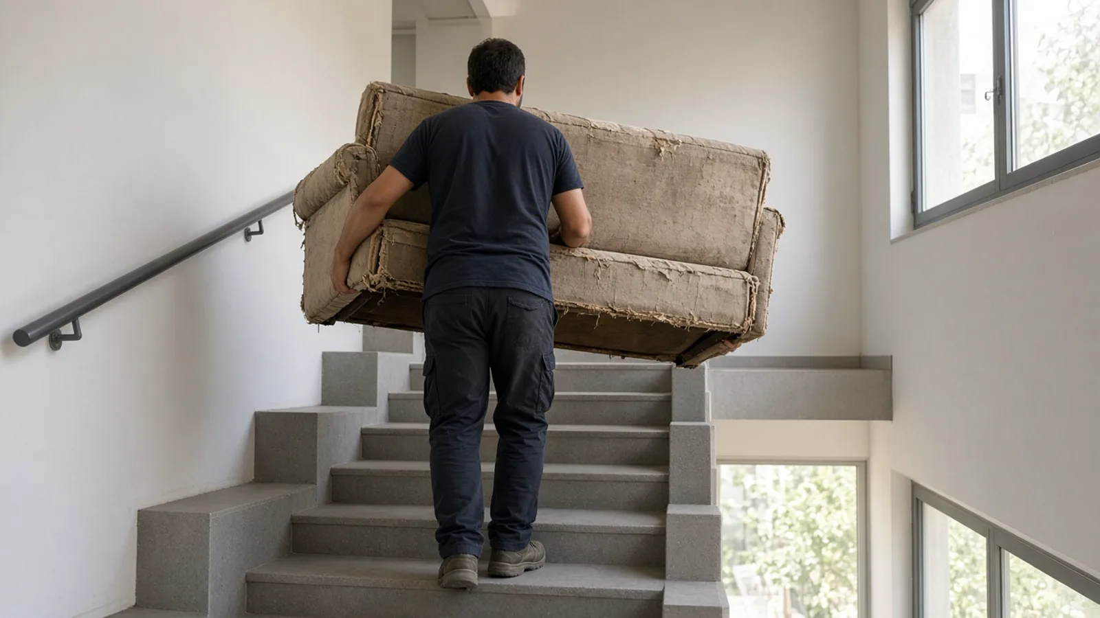 מוביל מוריד ספה ישנה במדרגות בניין ישראלי מואר בזהירות, פינוי רהיטים ומזרונים בלי ללכלך קירות או לחסום שכנים.